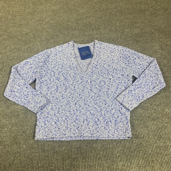 Simon Miller Sweater Womens Large Blue V Neck Texturted Pullover Stretch Comfort - Picture 1 of 12